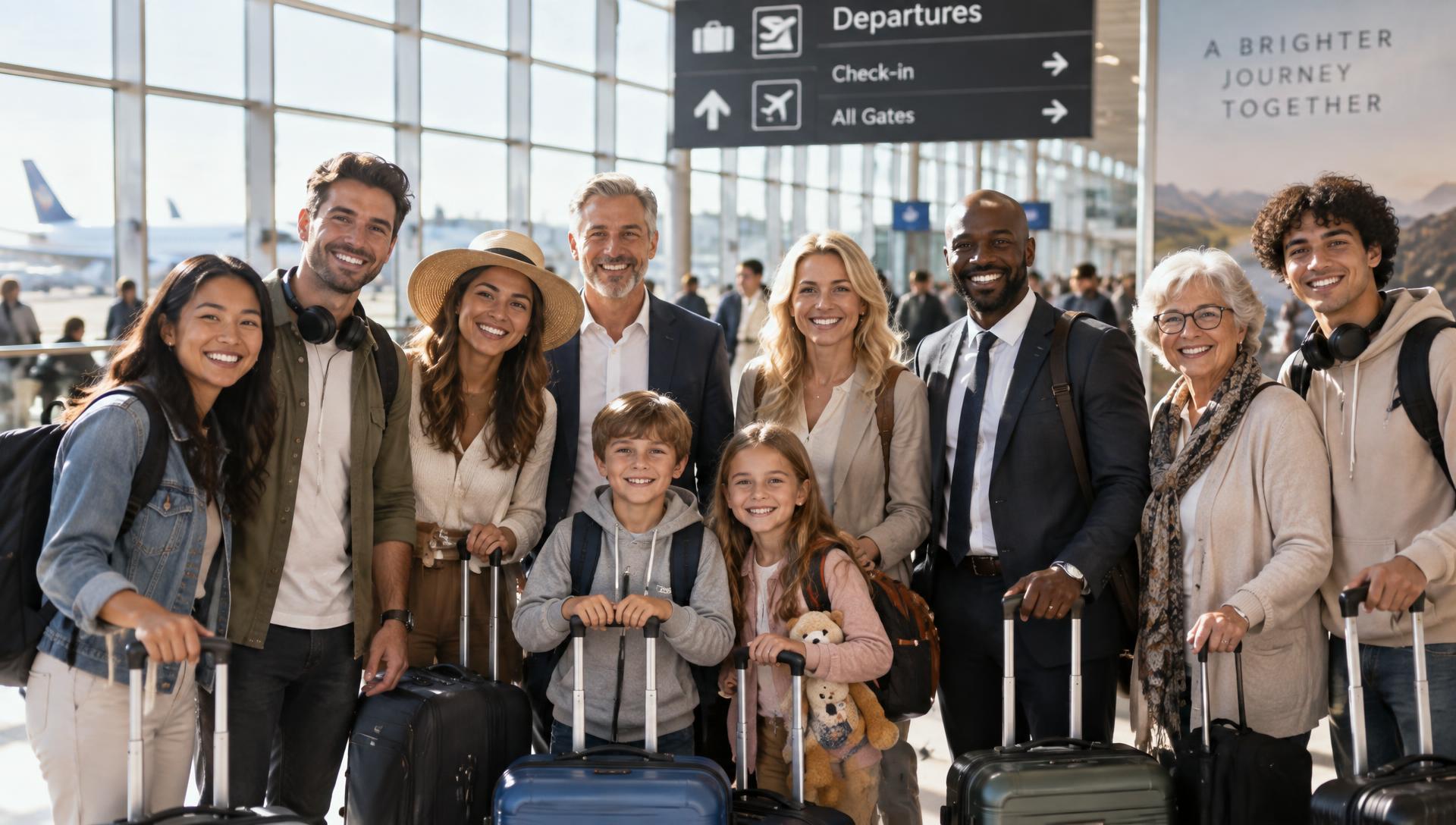 A large group of happy travellers with luggage gathered in an airport departures hall