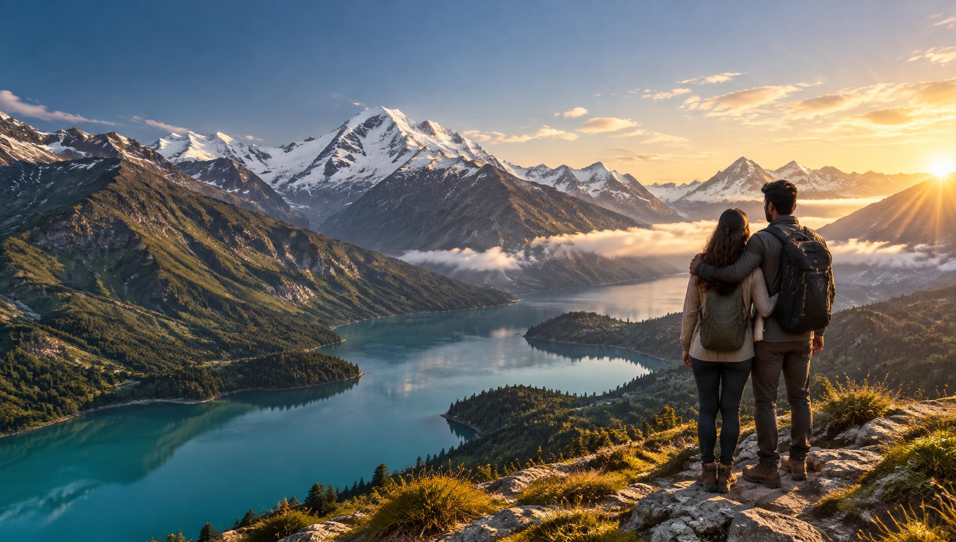 Couple overlooking an alpine lake during their holiday
