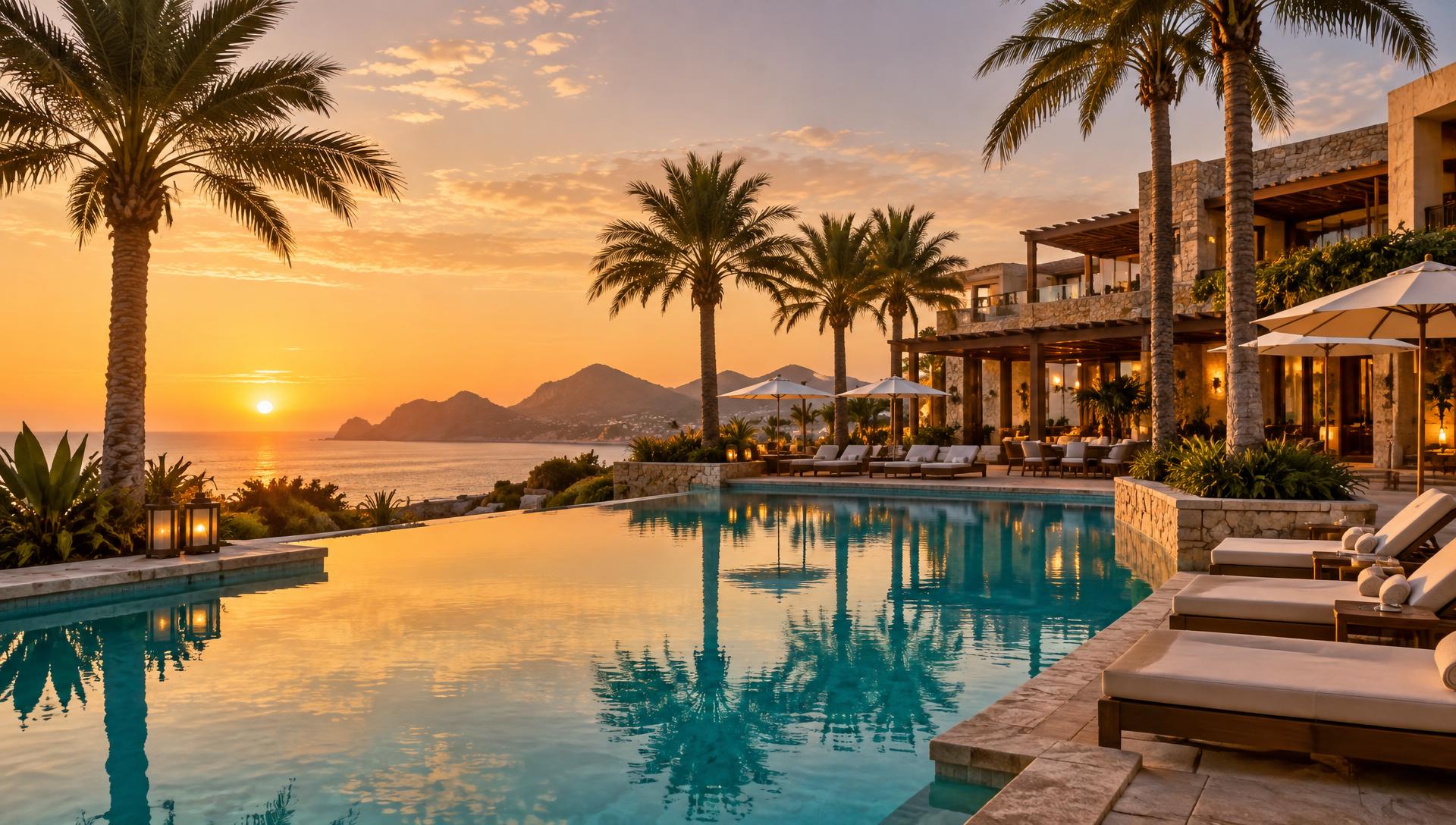 Luxury hotel resort exterior with a pool at sunset