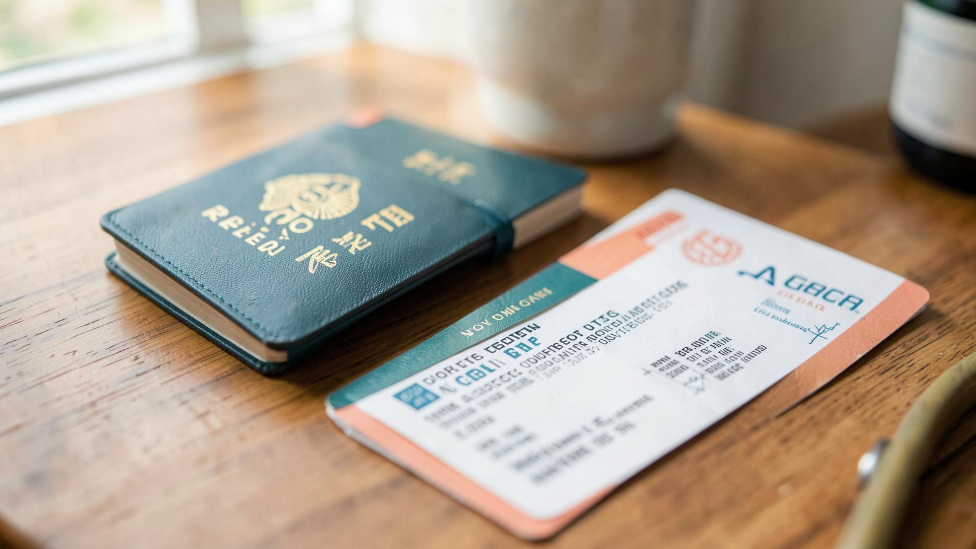 Passport and travel documents on a wooden desk