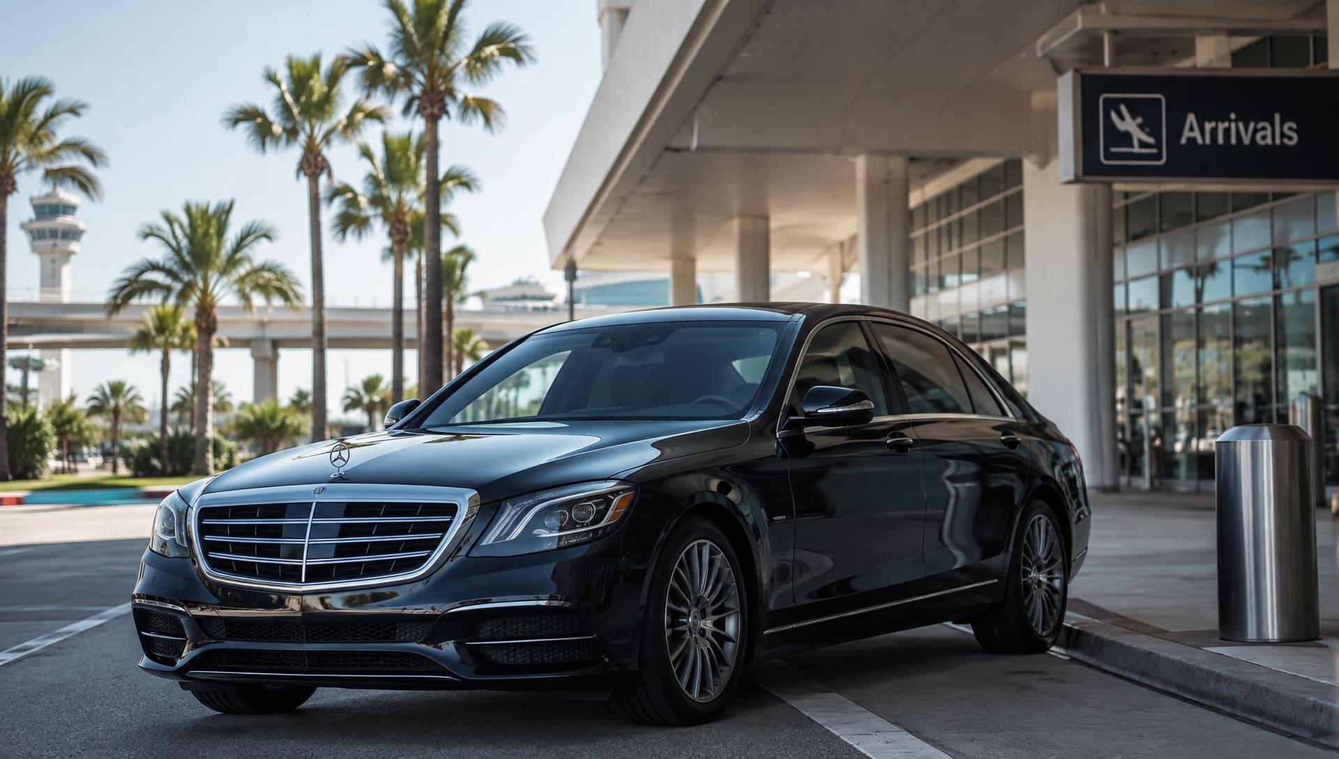 Private chauffeured car waiting at an airport arrivals curb