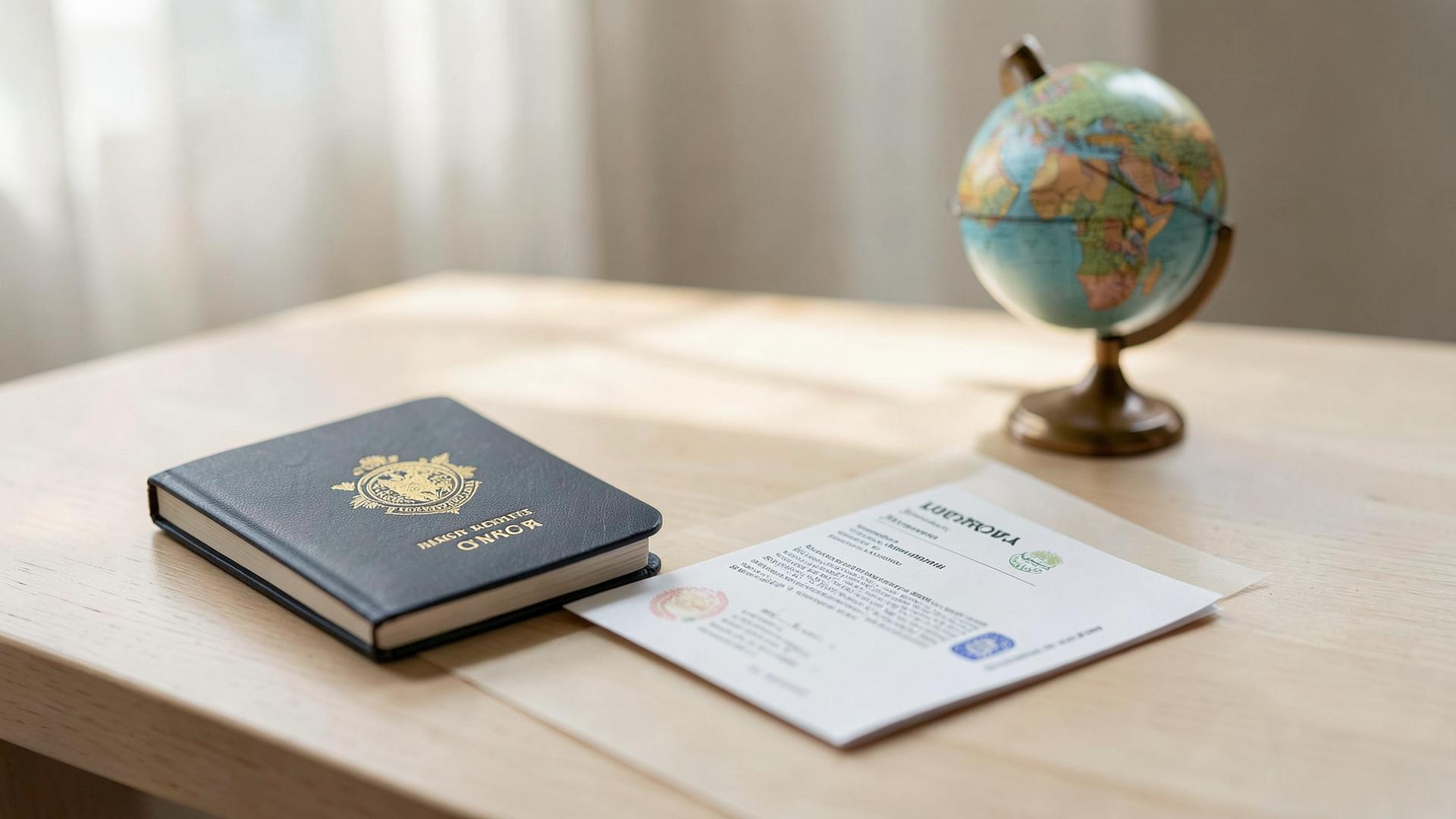Passport and visa documents on a desk with a small globe